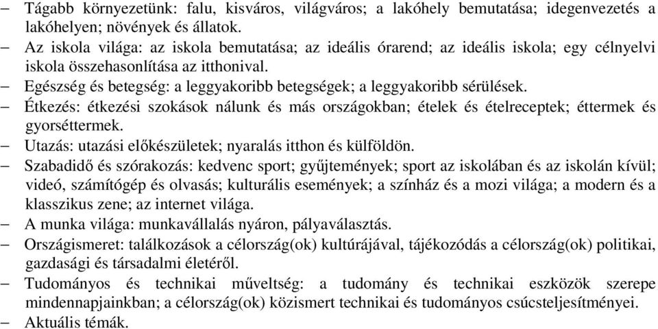 Egészség és betegség: a leggyakoribb betegségek; a leggyakoribb sérülések. Étkezés: étkezési szokások nálunk és más országokban; ételek és ételreceptek; éttermek és gyorséttermek.