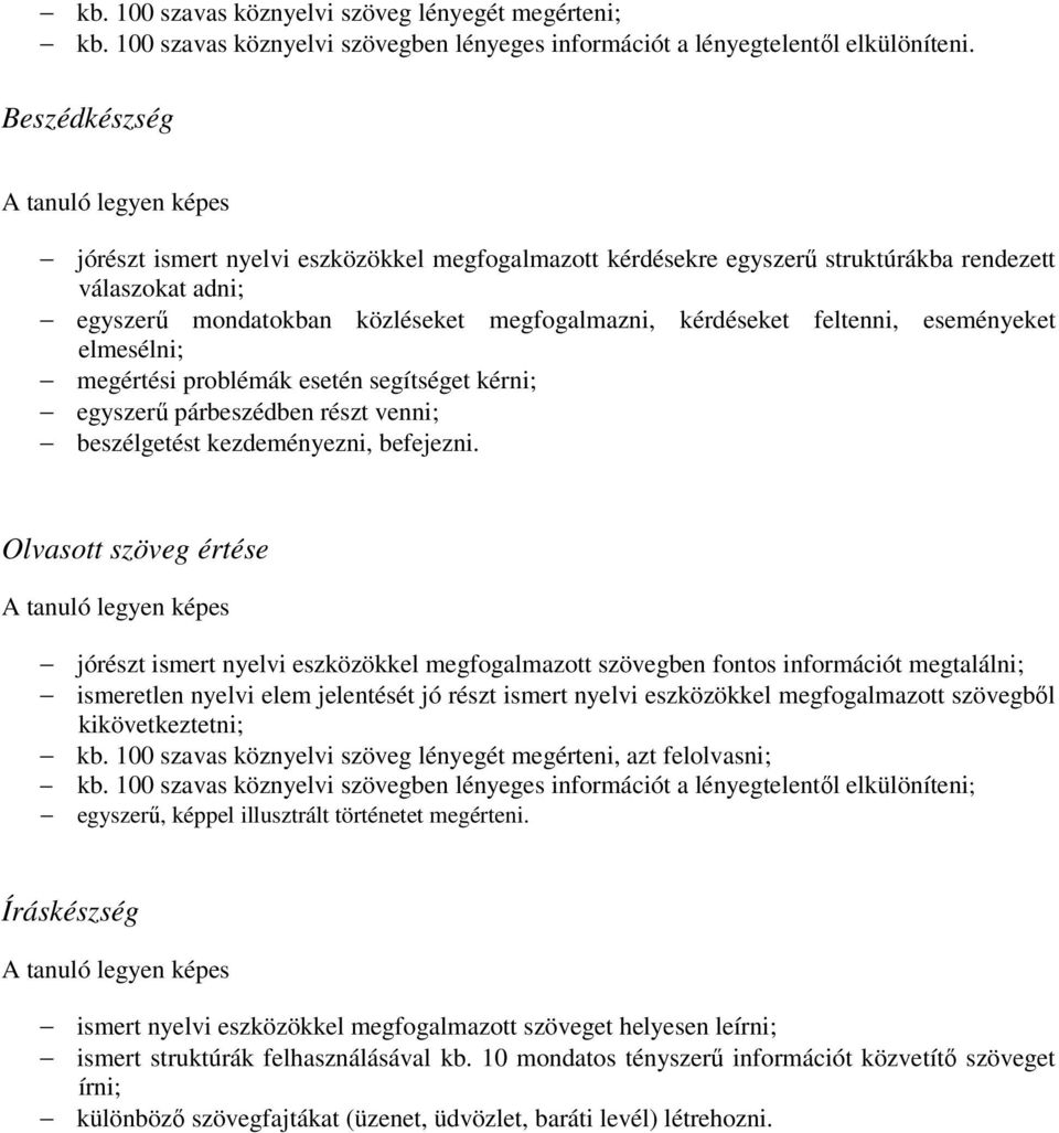 eseményeket elmesélni; megértési problémák esetén segítséget kérni; egyszerű párbeszédben részt venni; beszélgetést kezdeményezni, befejezni.