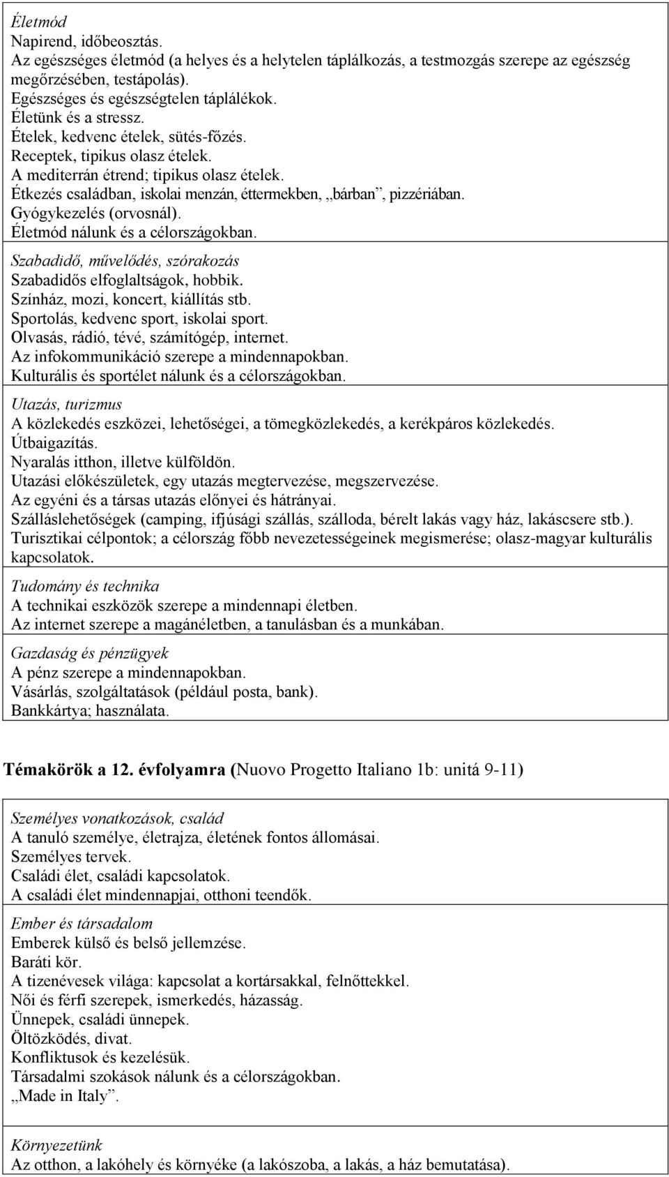 Étkezés családban, iskolai menzán, éttermekben, bárban, pizzériában. Gyógykezelés (orvosnál). Életmód nálunk és a célországokban. Szabadidő, művelődés, szórakozás Szabadidős elfoglaltságok, hobbik.