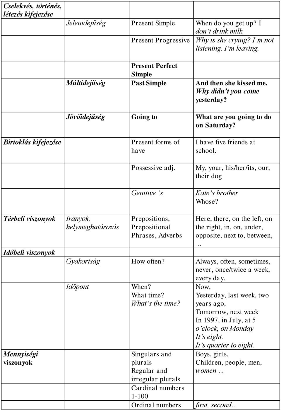 Birtoklás kifejezése Present forms of have Possessive adj. Genitive s I have five friends at school. My, your, his/her/its, our, their dog Kate s brother Whose?