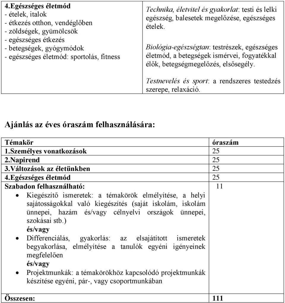 Biológia-egészségtan: testrészek, egészséges életmód, a betegségek ismérvei, fogyatékkal élők, betegségmegelőzés, elsősegély. Testnevelés és sport: a rendszeres testedzés szerepe, relaxáció.