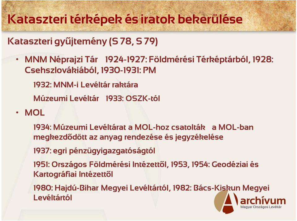 MOL-hoz csatolták a MOL-ban megkezdődött az anyag rendezése és jegyzékelése 1937: egri pénzügyigazgatóságtól 1951: Országos