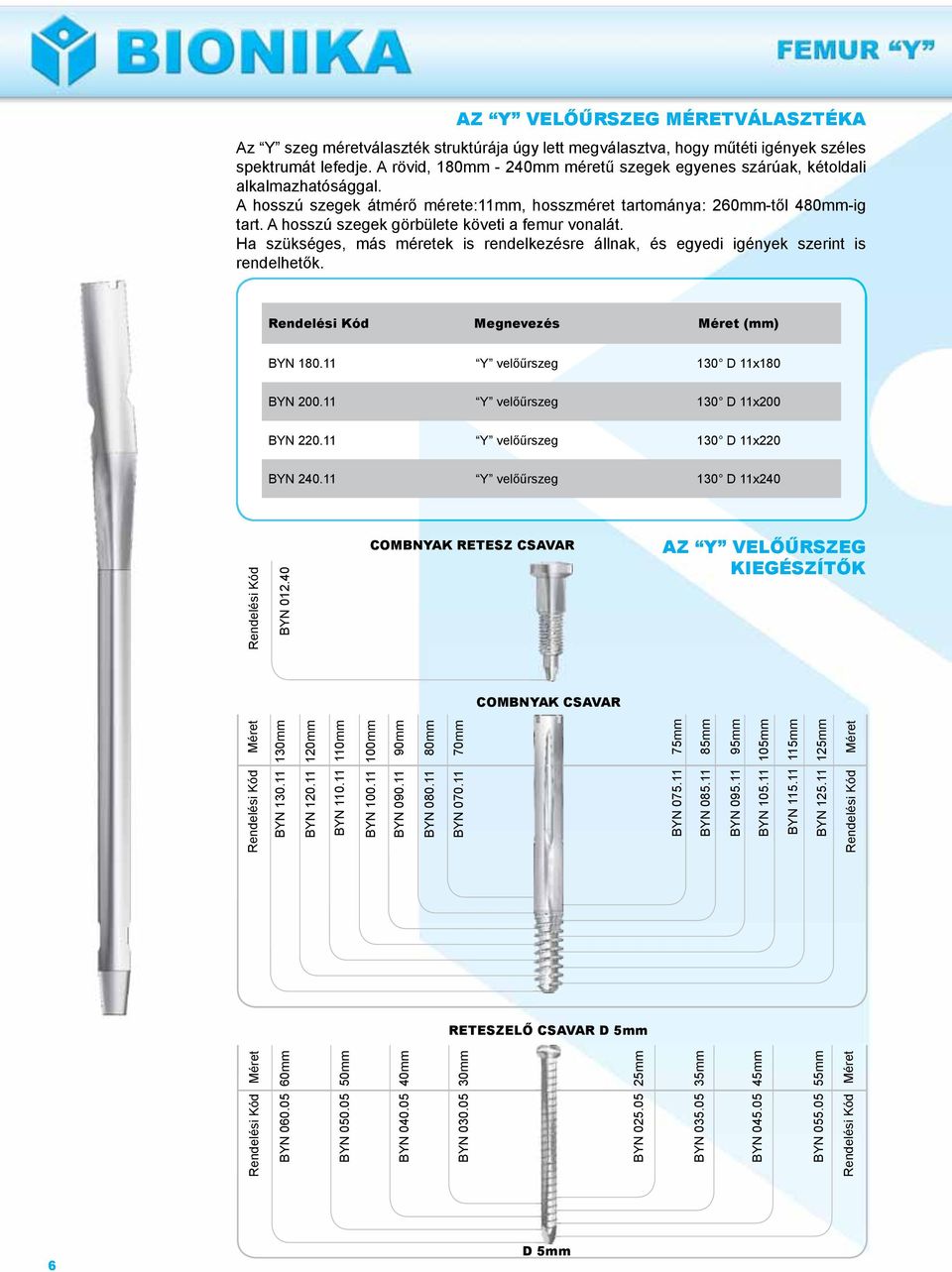 A hosszú szegek görbülete követi a femur vonalát. Ha szükséges, más méretek is rendelkezésre állnak, és egyedi igények szerint is rendelhetők. Megnevezés (mm) BYN 180.