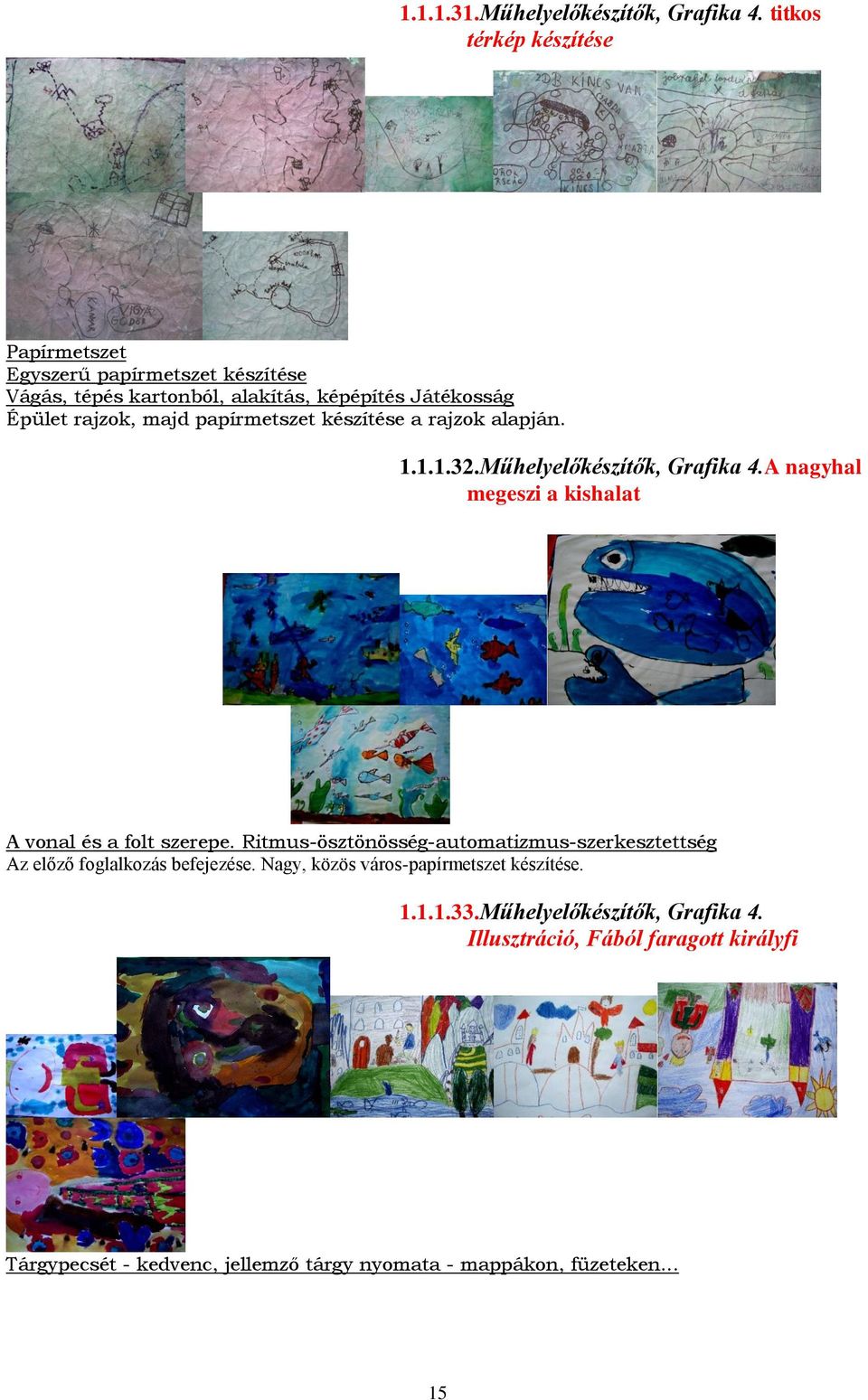 papírmetszet készítése a rajzok alapján. 1.1.1.32.Műhelyelőkészítők, Grafika 4.A nagyhal megeszi a kishalat A vonal és a folt szerepe.
