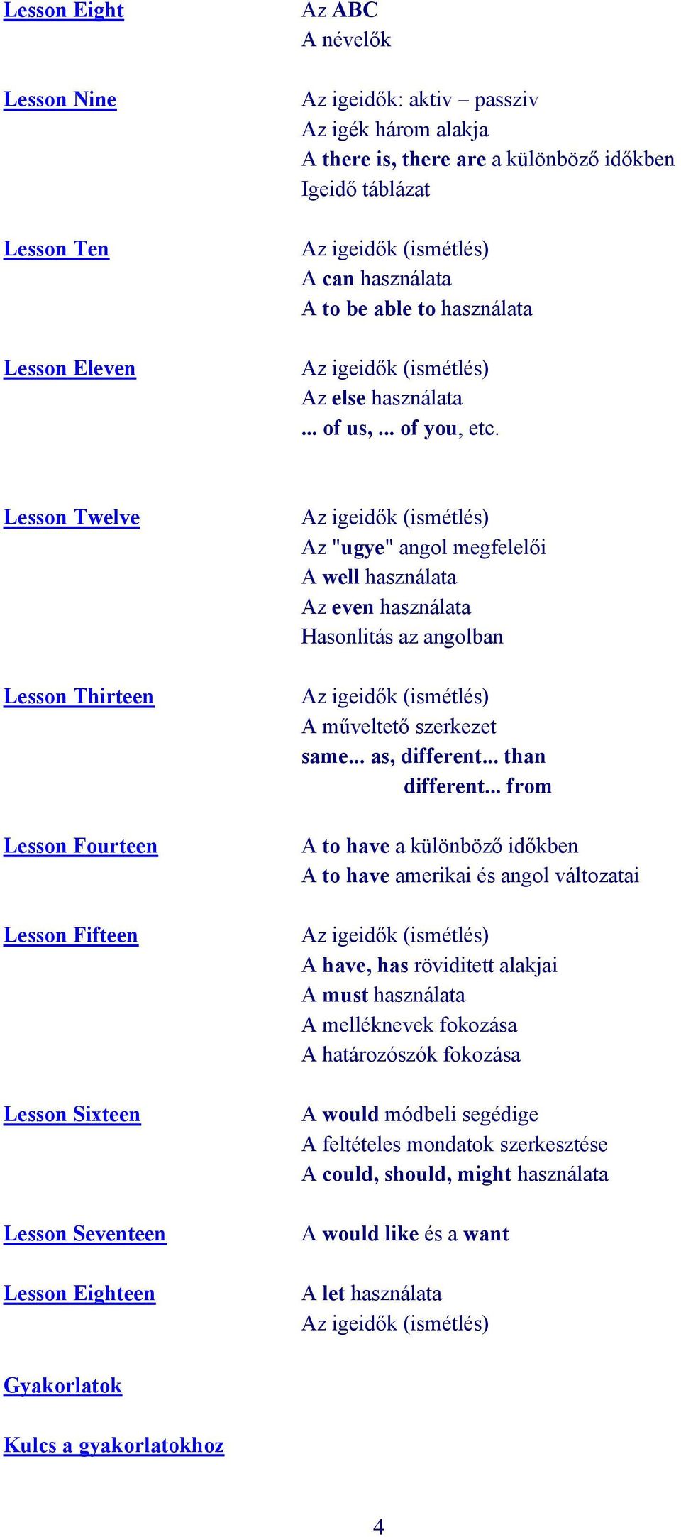 Lesson Twelve Lesson Thirteen Lesson Fourteen Lesson Fifteen Lesson Sixteen Lesson Seventeen Lesson Eighteen Az "ugye" angol megfelelői A well használata Az even használata Hasonlitás az angolban A