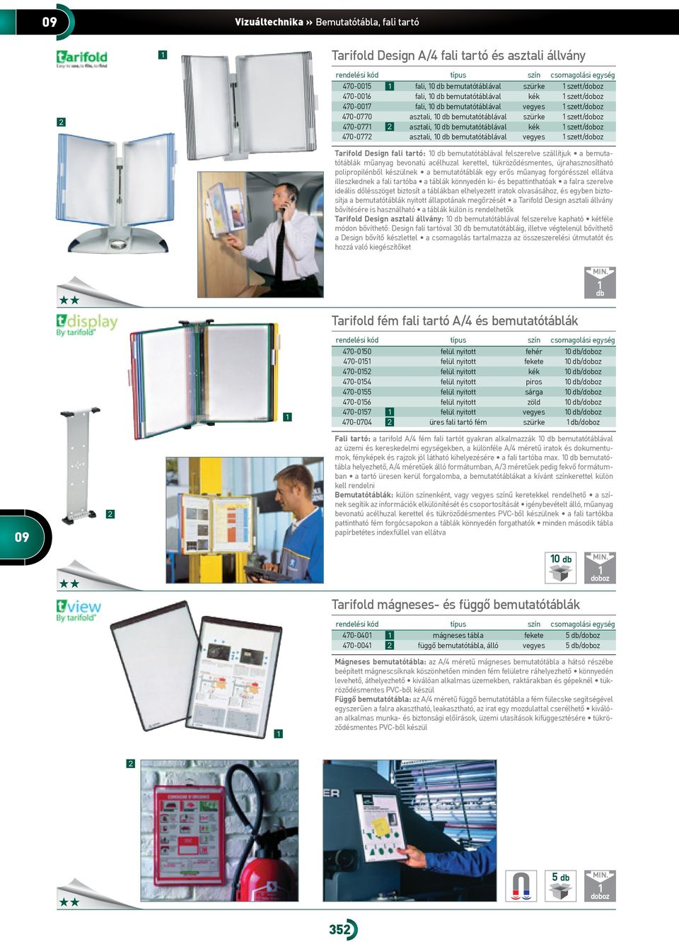 szett/doboz 470-077 asztali, 0 db bemutatótáblával vegyes szett/doboz Tarifold Design fali tartó: 0 db bemutatótáblával felszerelve szállítjuk a bemutatótáblák műanyag bevonatú acélhuzal kerettel,