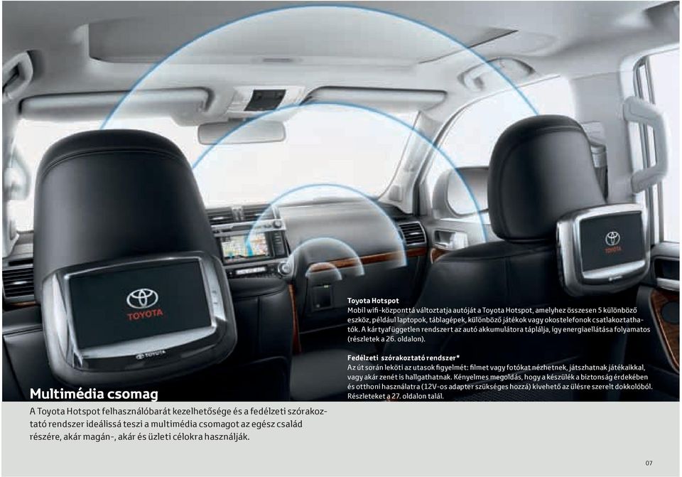 Multimédia csomag A Toyota Hotspot felhasználóbarát kezelhetősége és a fedélzeti szórakoztató rendszer ideálissá teszi a multimédia csomagot az egész család részére, akár magán, akár és üzleti