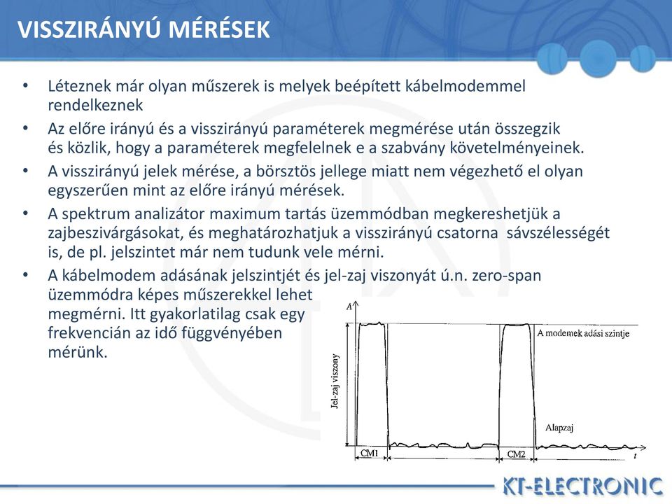 A spektrum analizátor maximum tartás üzemmódban megkereshetjük a zajbeszivárgásokat, és meghatározhatjuk a visszirányú csatorna sávszélességét is, de pl.