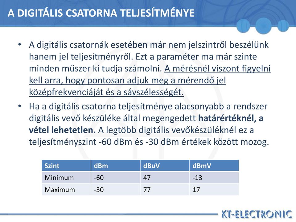 A mérésnél viszont figyelni kell arra, hogy pontosan adjuk meg a mérendő jel középfrekvenciáját és a sávszélességét.