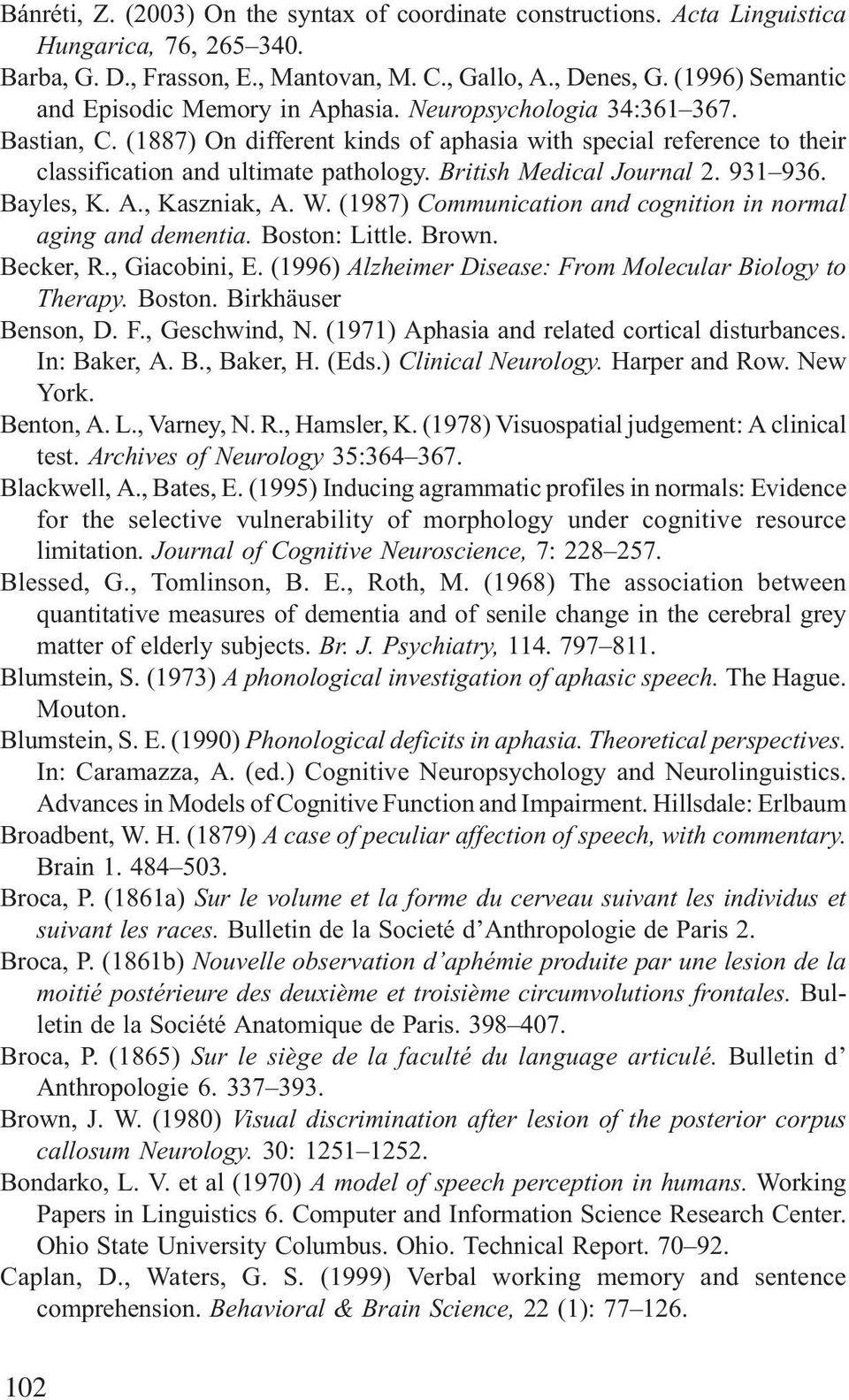 British Medical Journal 2. 931 936. Bayles, K. A., Kaszniak, A. W. (1987) Communication and cognition in normal aging and dementia. Boston: Little. Brown. Becker, R., Giacobini, E.