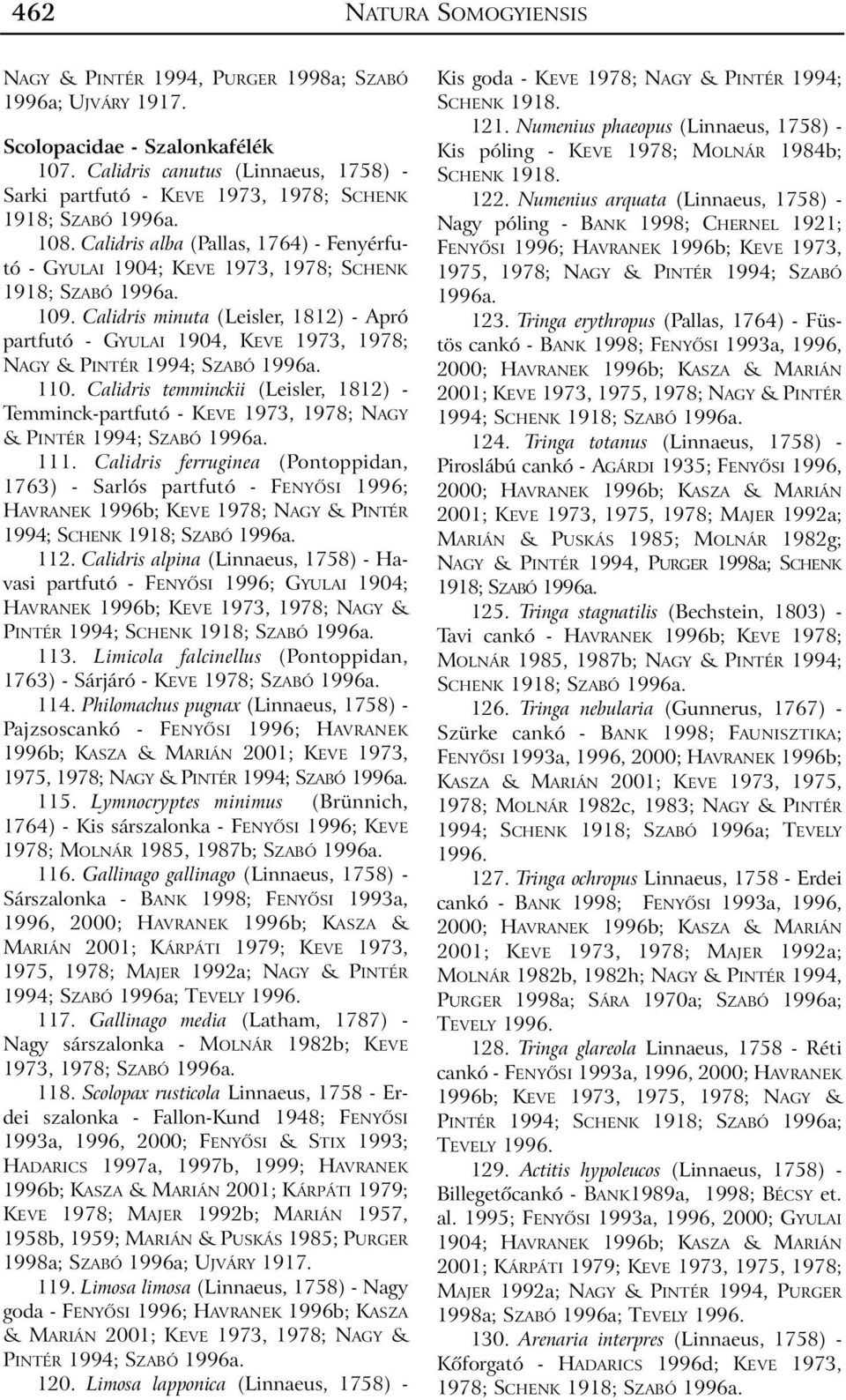 109. Calidris minuta (Leisler, 1812) - Apró partfutó - GYULAI 1904, KEVE 1973, 1978; NAGY & PINTÉR 1994; SZABÓ 1996a. 110.