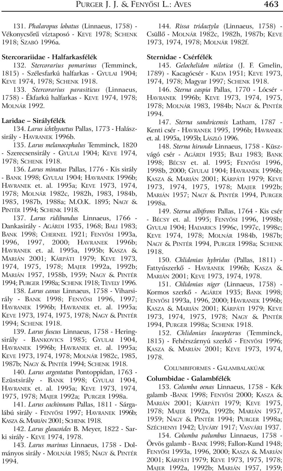 Stercorarius parasiticus (Linnaeus, 1758) - Ékfarkú halfarkas - KEVE 1974, 1978; MOLNÁR 1992. Laridae Sirályfélék 134. Larus ichthyaetus Pallas, 1773 - Halászsirály - HAVRANEK 1996b. 135.