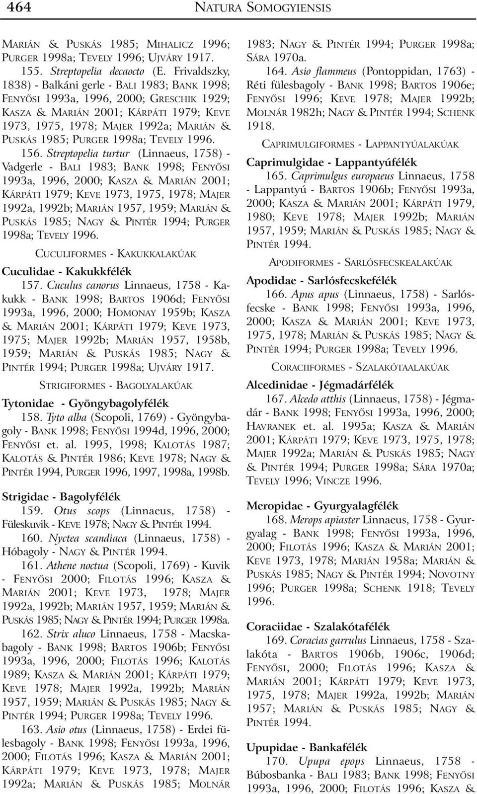 Streptopelia turtur (Linnaeus, 1758) - Vadgerle - BALI 1983; BANK 1998; FENYÕSI 1993a, 1996, 2000; KASZA & MARIÁN 2001; 1992a, 1992b; MARIÁN 1957, 1959; MARIÁN & PUSKÁS 1985; NAGY & PINTÉR 1994;