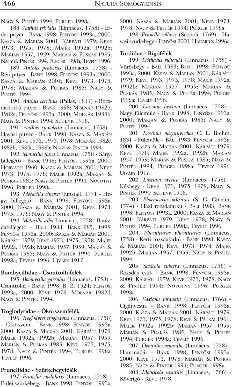 TEVELY 1996. 189. Anthus pratensis (Linnaeus, 1758) - Réti pityer - BANK 1998; FENYÕSI 1993a, 2000; KASZA & MARIÁN 2001; KEVE 1973, 1975, 1978; MARIÁN & PUSKÁS 1985; NAGY & PINTÉR 1994. 190.