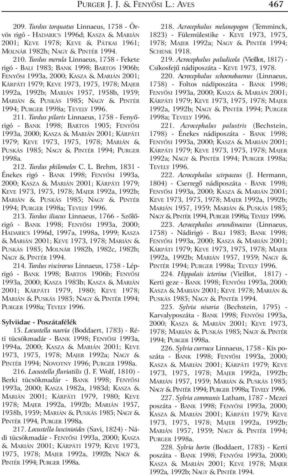 Turdus pilaris Linnaeus, 1758 - Fenyõrigó - BANK 1998; BARTOS 1905; FENYÕSI 1993a, 2000; KASZA & MARIÁN 2001; KÁRPÁTI 1979; KEVE 1973, 1975, 1978; MARIÁN & PUSKÁS 1985; NAGY & PINTÉR 1994; PURGER