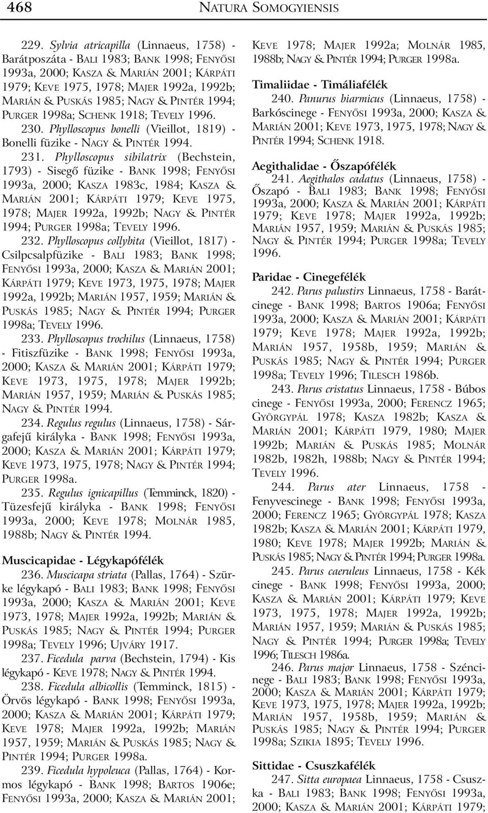 PINTÉR 1994; PURGER 1998a; SCHENK 1918; TEVELY 1996. 230. Phylloscopus bonelli (Vieillot, 1819) - Bonelli füzike - NAGY & PINTÉR 1994. 231.