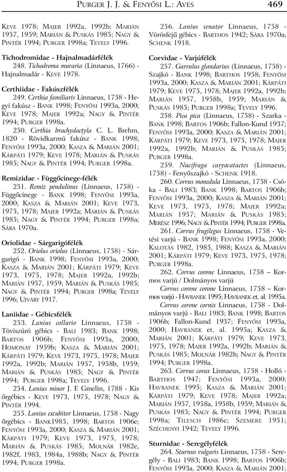 Certhia familiaris Linnaeus, 1758 - Hegyi fakúsz - BANK 1998; FENYÕSI 1993a, 2000; KEVE 1978; MAJER 1992a; NAGY & PINTÉR 1994; PURGER 1998a. 250. Certhia brachydactyla C. L. Brehm, 1820 - Rövidkarmú fakúsz - BANK 1998; KÁRPÁTI 1979; KEVE 1978; MARIÁN & PUSKÁS 1985; NAGY & PINTÉR 1994; PURGER 1998a.