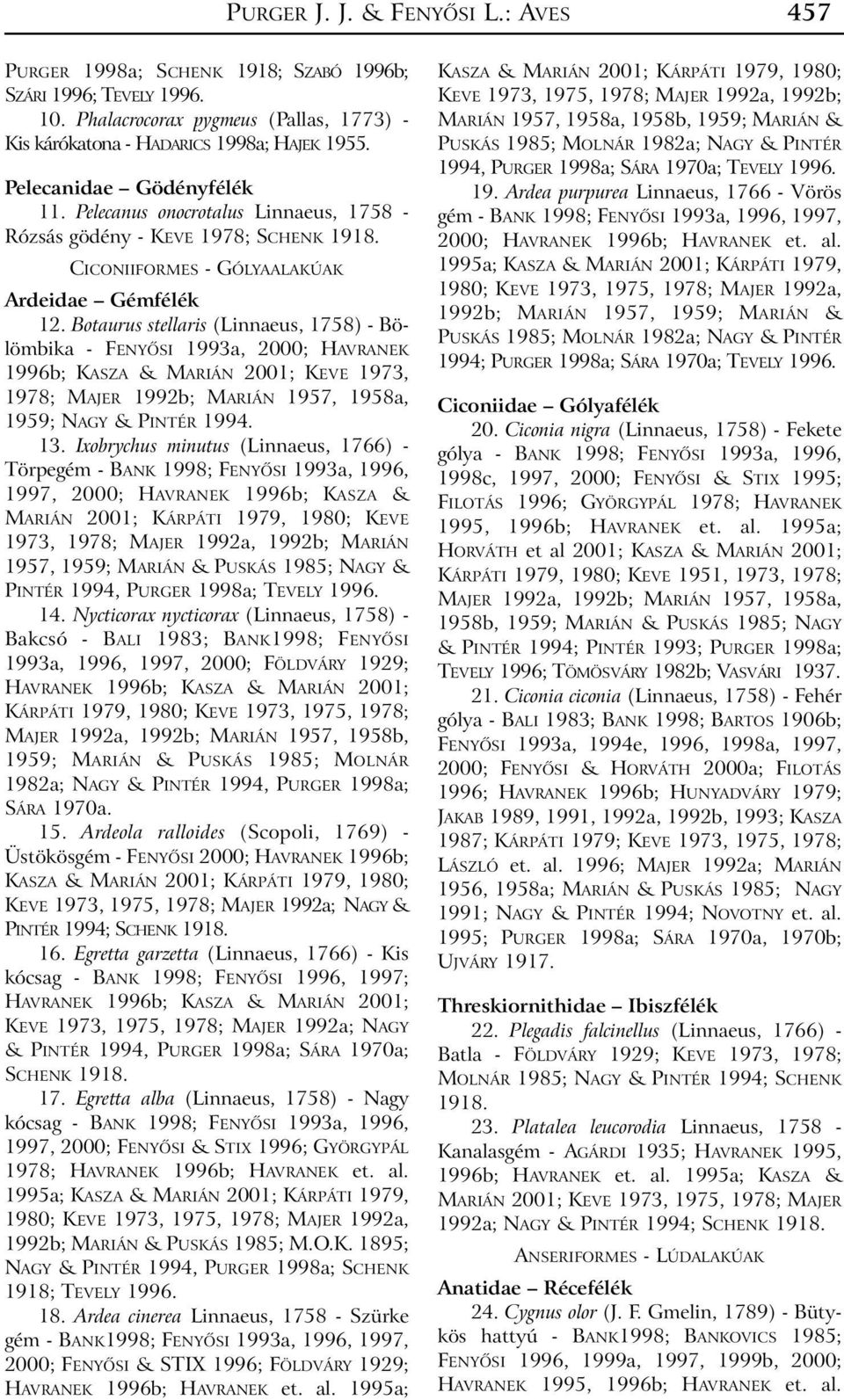 Botaurus stellaris (Linnaeus, 1758) - Bölömbika - FENYÕSI 1993a, 2000; HAVRANEK 1996b; KASZA & MARIÁN 2001; KEVE 1973, 1978; MAJER 1992b; MARIÁN 1957, 1958a, 1959; NAGY & PINTÉR 1994. 13.