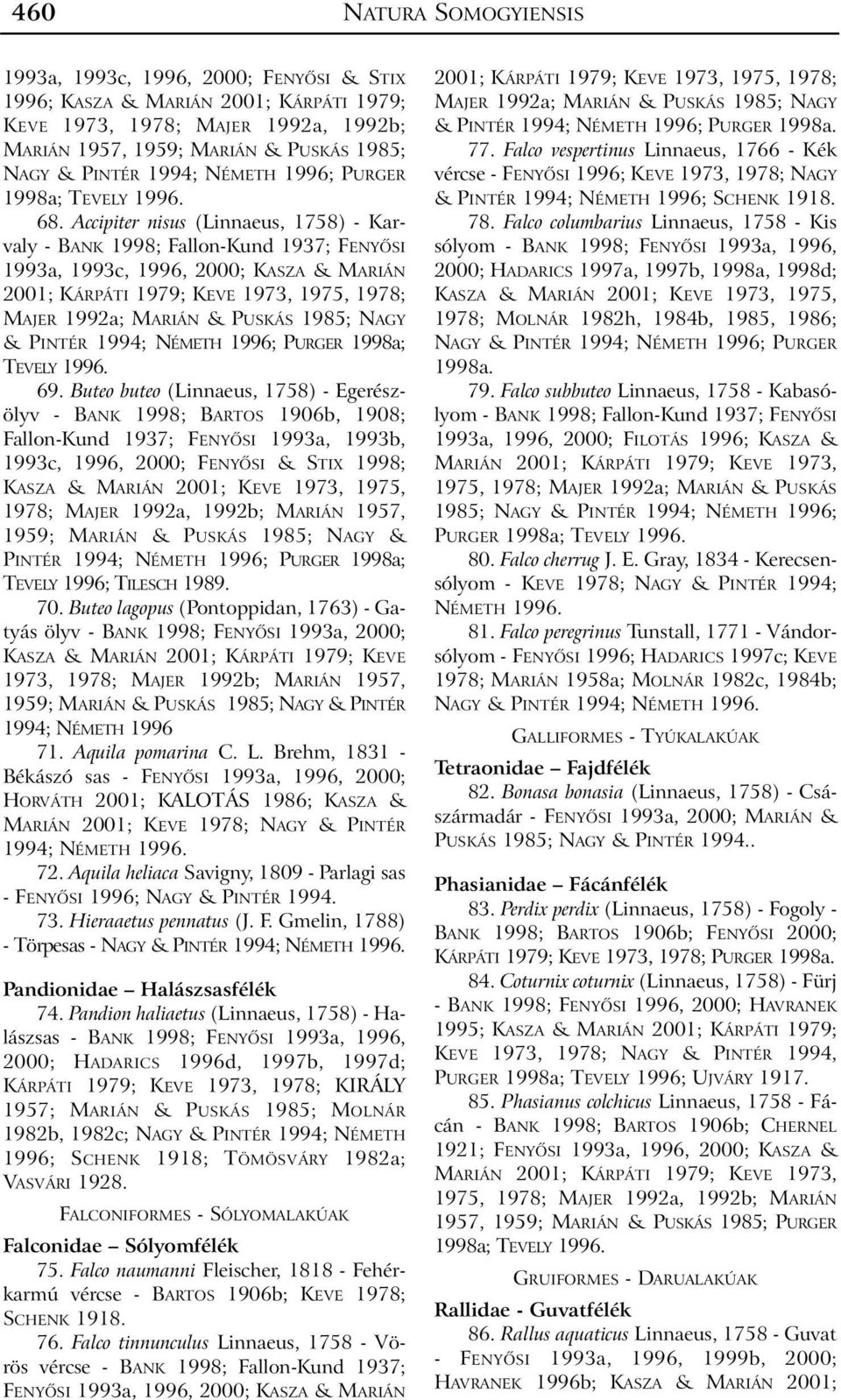 Accipiter nisus (Linnaeus, 1758) - Karvaly - BANK 1998; Fallon-Kund 1937; FENYÕSI 1993a, 1993c, 1996, 2000; KASZA & MARIÁN 2001; KÁRPÁTI 1979; KEVE 1973, 1975, 1978; MAJER 1992a; MARIÁN & PUSKÁS