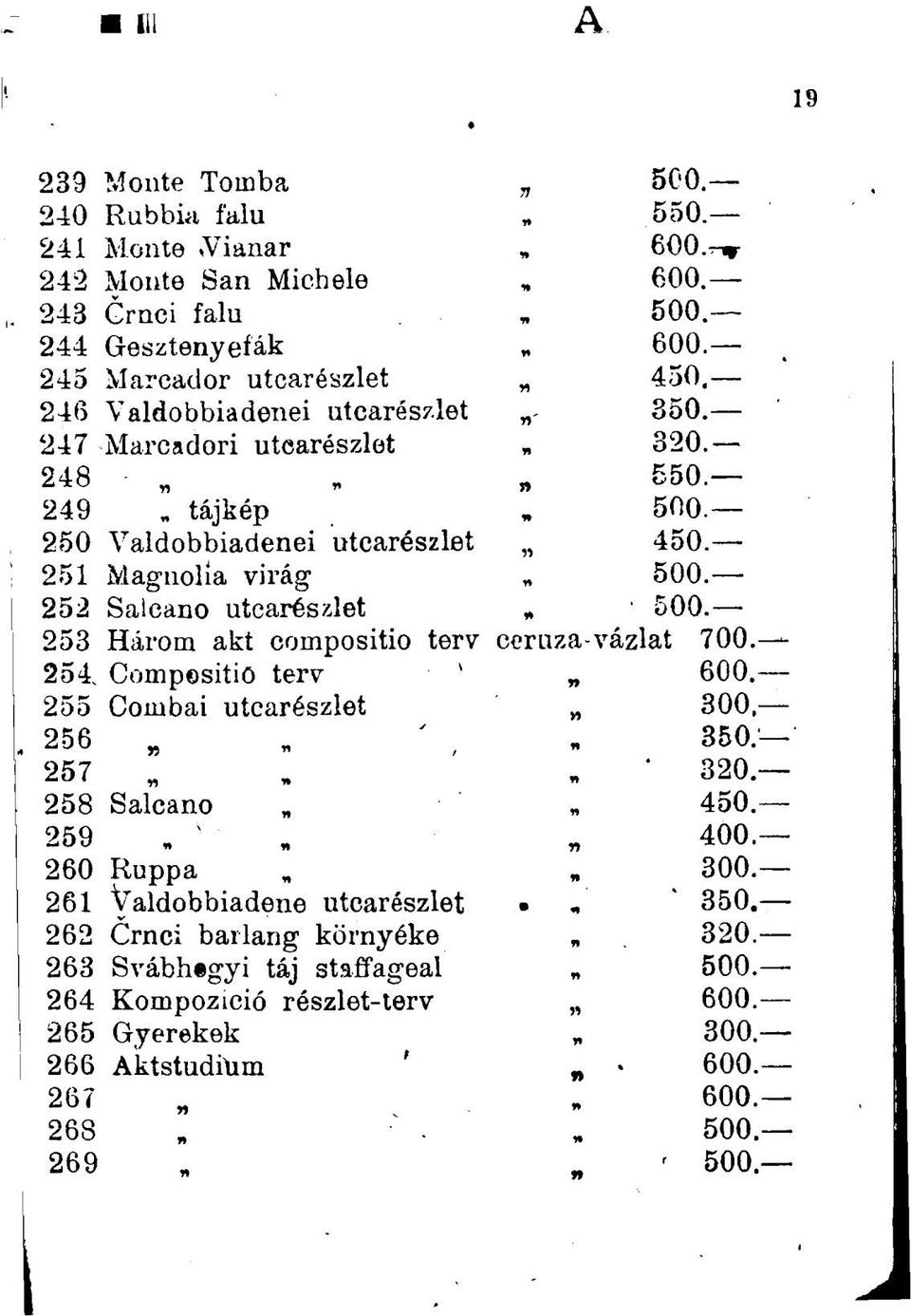 251 Magnólia virág 500. 252 Salcano utcarészlet 500. 253 Három akt compositio terv ceruza-vázlat 700. 254. Compositio terv v 600. 255 Combai utcarészlet 300, 256 * 350.