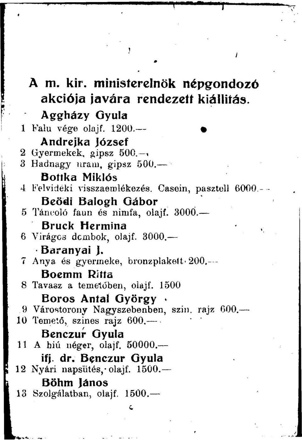 Bruck Hermina 6 Virágos dembok, olajf. 3000. Baranyai J. 7 Anya és gyermeke, bronzpiakeit'200. Boemm R tia 8 Tavasz a temetőben, olajf.