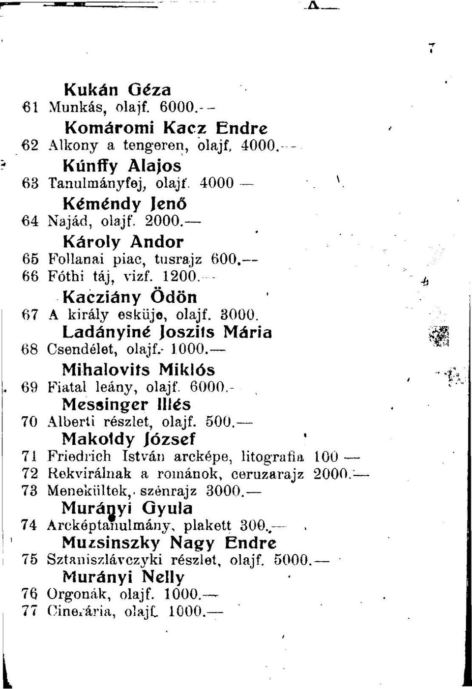 Mihalovifs Miklós 69 Fiatal leány, olajf. 6000.- Messinger Illés 70 Alberti részlet, olajf. 500.