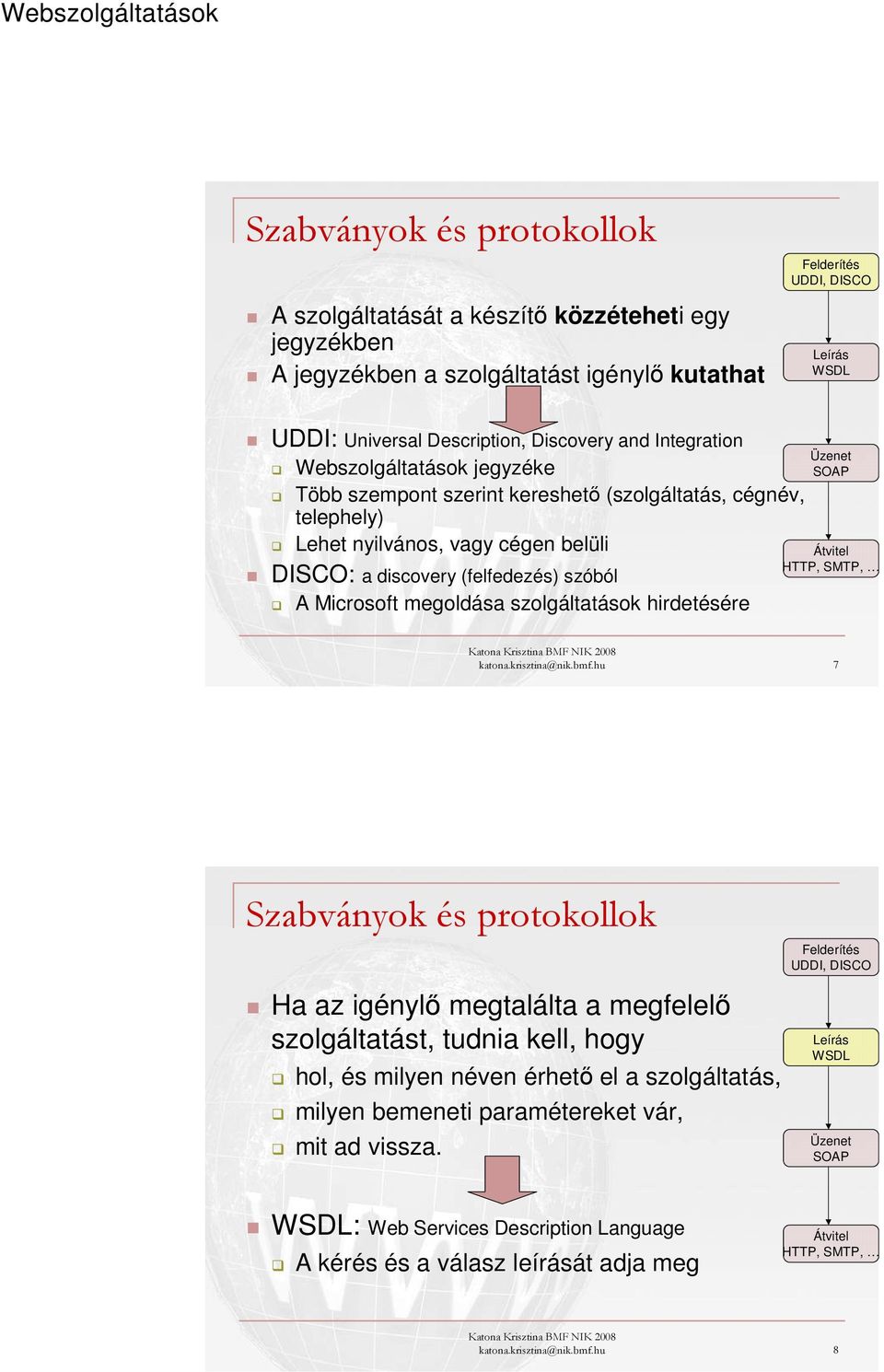megoldása szolgáltatások hirdetésére Üzenet SOAP Átvitel HTTP, SMTP, katona.krisztina@nik.bmf.
