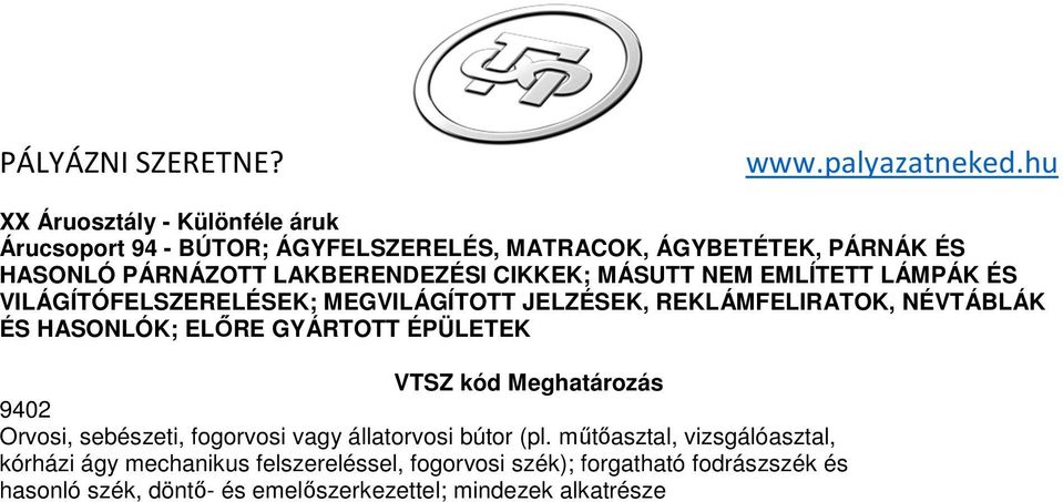 GYÁRTOTT ÉPÜLETEK VTSZ kód Meghatározás 9402 Orvosi, sebészeti, fogorvosi vagy állatorvosi bútor (pl.
