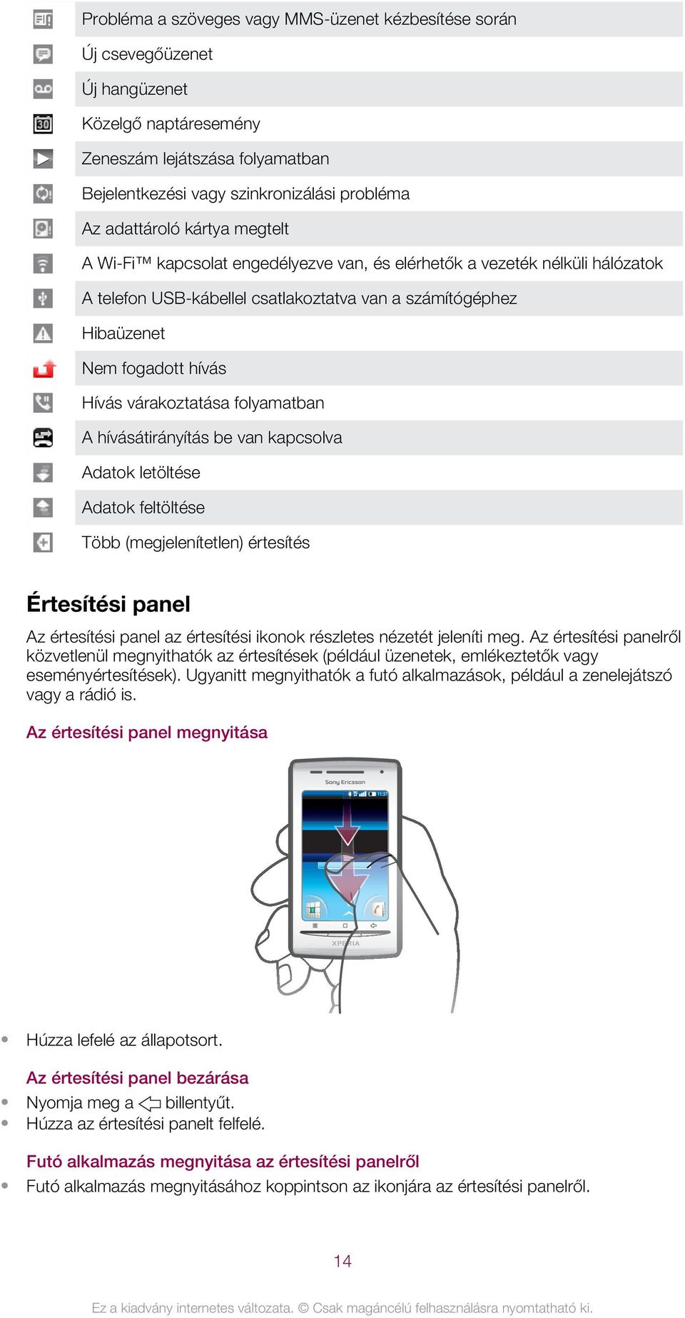 folyamatban A hívásátirányítás be van kapcsolva Adatok letöltése Adatok feltöltése Több (megjelenítetlen) értesítés Értesítési panel Az értesítési panel az értesítési ikonok részletes nézetét