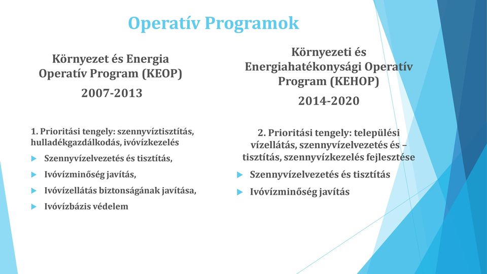 Prioritási tengely: szennyvíztisztítás, hulladékgazdálkodás, ivóvízkezelés Szennyvízelvezetés és tisztítás, Ivóvízminőség