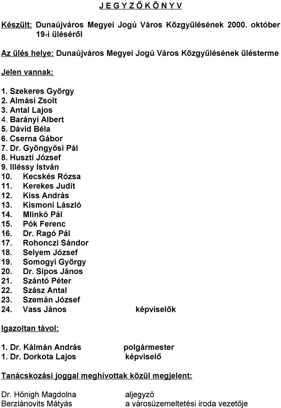 Kiss András 13. Kismoni László 14. Mlinkó Pál 15. Pók Ferenc 16. Dr. Ragó Pál 17. Rohonczi Sándor 18. Selyem József 19. Somogyi György 20. Dr. Sipos János 21. Szántó Péter 22. Szász Antal 23.