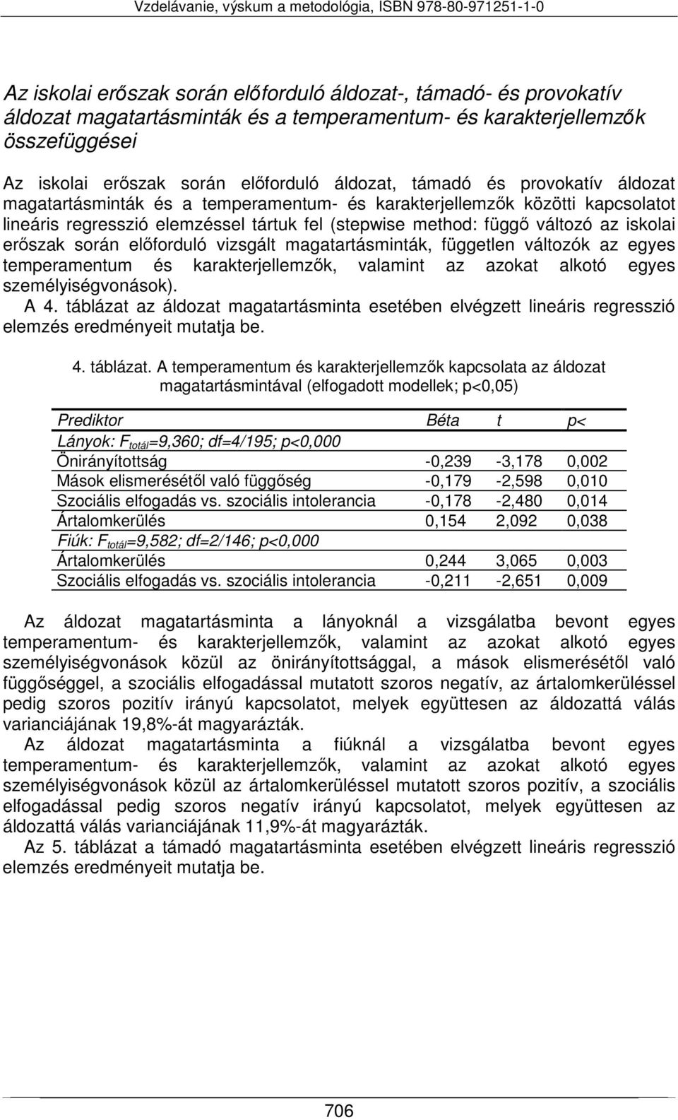 előforduló vizsgált magatartásminták, független változók az egyes temperamentum és karakterjellemzők, valamint az azokat alkotó egyes személyiségvonások). A 4.