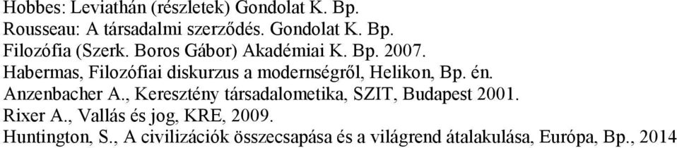 Anzenbacher A., Keresztény társadalometika, SZIT, Budapest 2001. Rixer A., Vallás és jog, KRE, 2009.