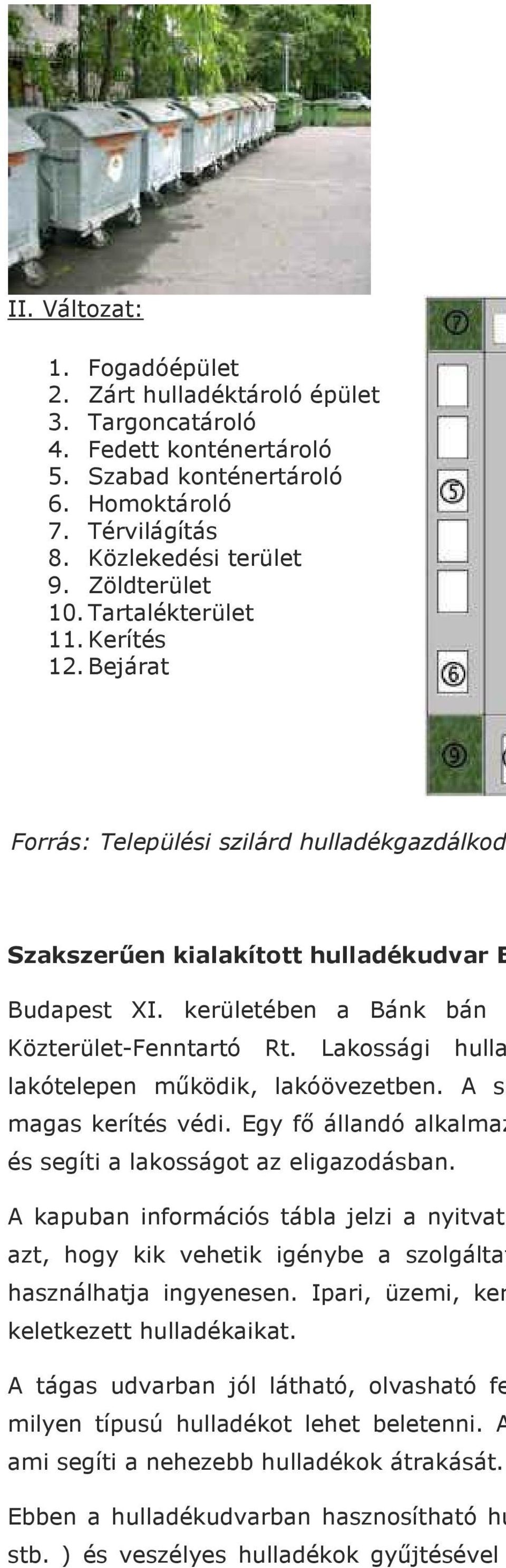 Lakossági hulla lakótelepen működik, lakóövezetben. A sz magas kerítés védi. Egy fő állandó alkalmaz és segíti a lakosságot az eligazodásban.