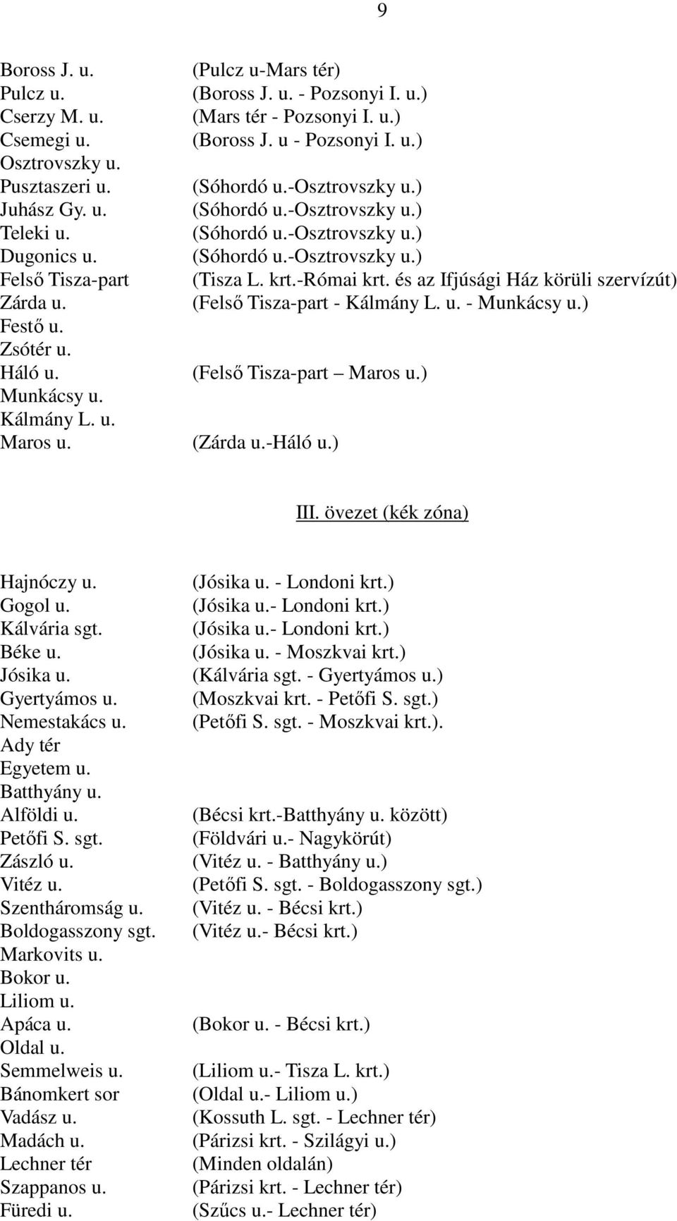 krt.-római krt. és az Ifjúsági Ház körüli szervízút) (Felsı Tisza-part - Kálmány L. u. - Munkácsy u.) (Felsı Tisza-part Maros u.) (Zárda u.-háló u.) III. övezet (kék zóna) Hajnóczy u. Gogol u.