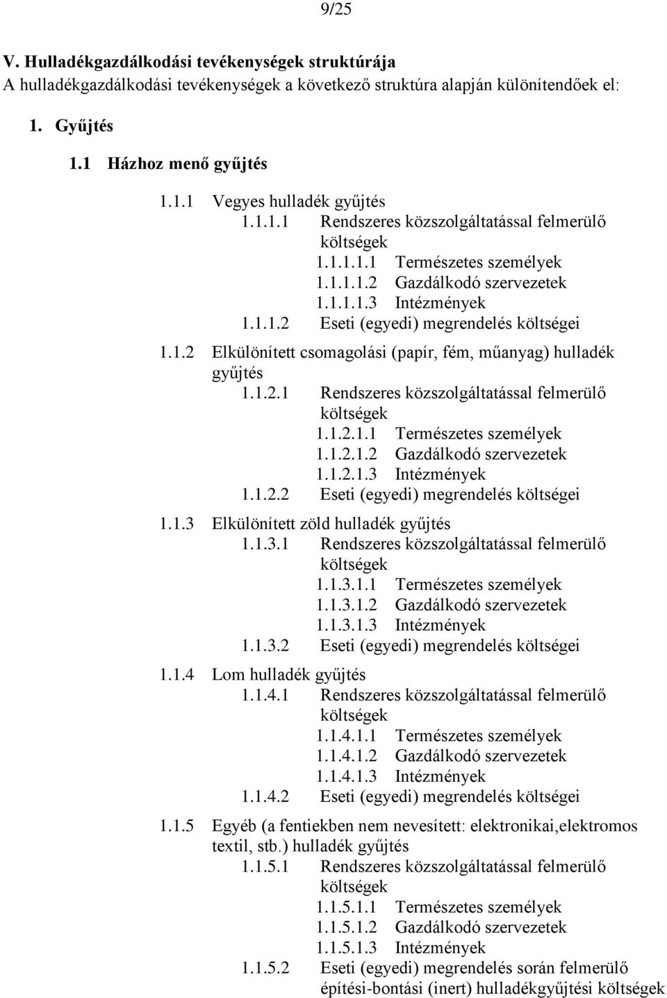 1.2.1 Rendszeres közszolgáltatással felmerülő 1.1.2.1.1 Természetes személyek 1.1.2.1.2 Gazdálkodó szervezetek 1.1.2.1.3 Intézmények 1.1.2.2 Eseti (egyedi) megrendelés költségei 1.1.3 Elkülönített zöld hulladék gyűjtés 1.