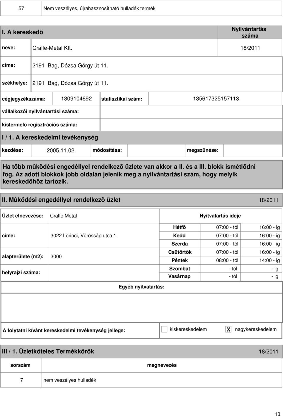 Mûködési engedéllyel rendelkezõ üzlet 18/011 Cralfe Metal címe: 30 Lõrinci, Vörössáp utca 1.