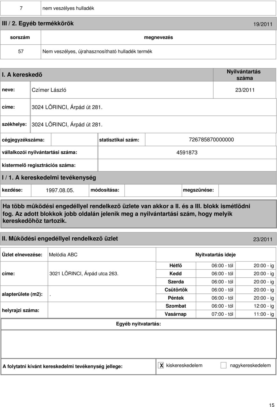 08.05. módosítása: megszûnése: II. Mûködési engedéllyel rendelkezõ üzlet 3/011 Melódia ABC címe: 301 LÕRINCI, Árpád utca 63. alapterülete (m):.