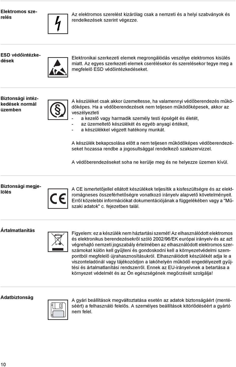 Az egyes szerkezeti elemek cserélésekor és szerelésekor tegye meg a megfelelő ESD védőintézkedéseket.