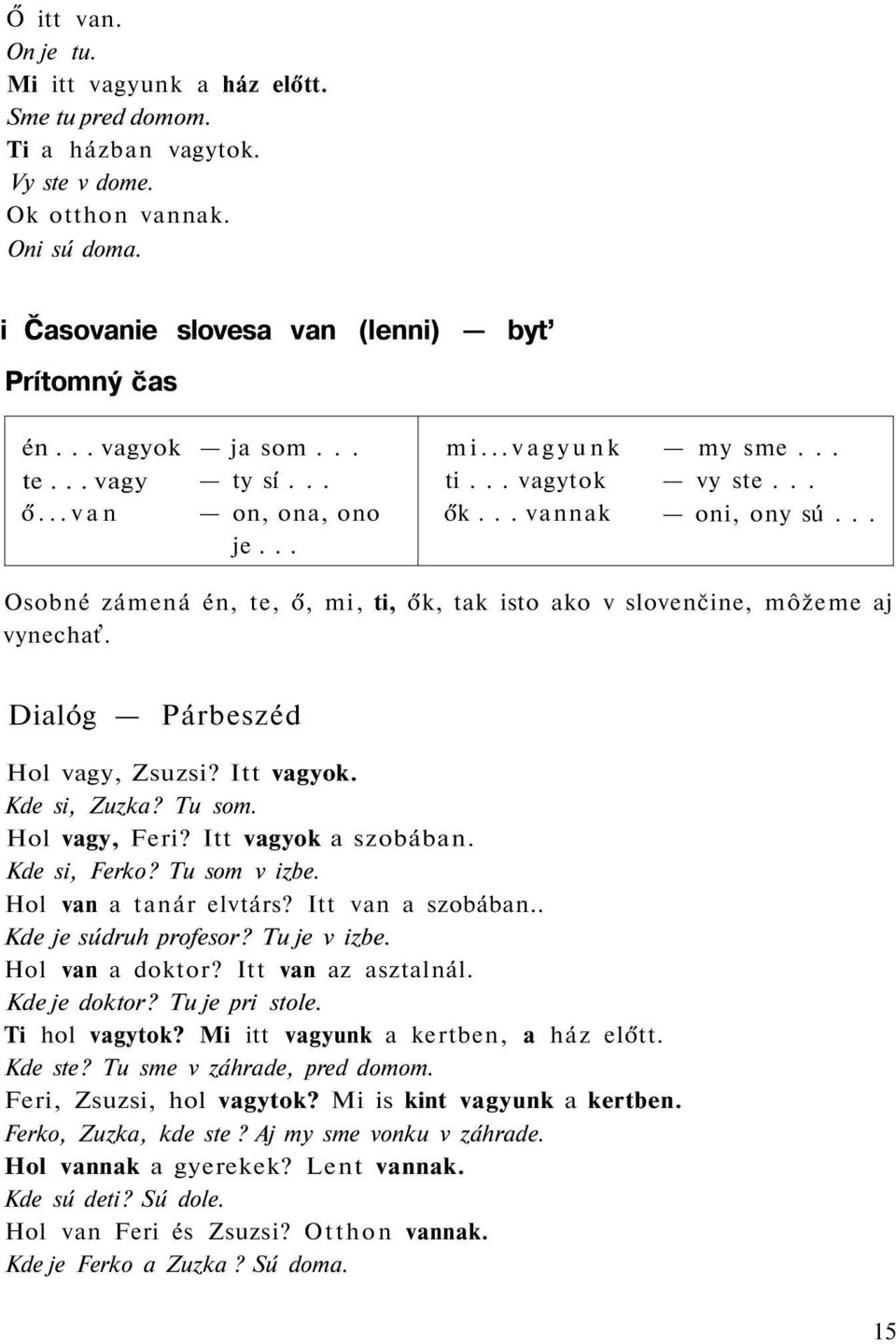 .. Osobné zámená én, te, ő, mi, ti, ők, tak isto ako v slovenčine, môžeme aj vynechať. Dialóg Párbeszéd Hol vagy, Zsuzsi? Itt vagyok. Kde si, Zuzka? Tu som. Hol vagy, Feri? Itt vagyok a szobában.
