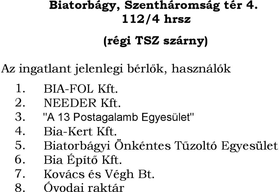 1. BIA-FOL Kft. 2. NEEDER Kft. 3. "A 13 Postagalamb Egyesület" 4.