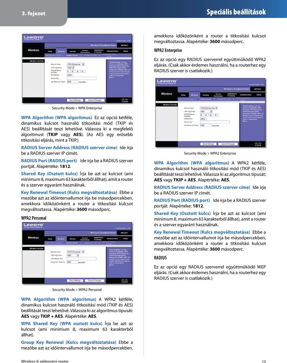 ) Security Mode > WPA Enterprise WPA Algorithm (WPA algoritmus) Ez az opció kétféle, dinamikus kulcsot használó titkosítási mód (TKIP és AES) beállítását teszi lehetővé.