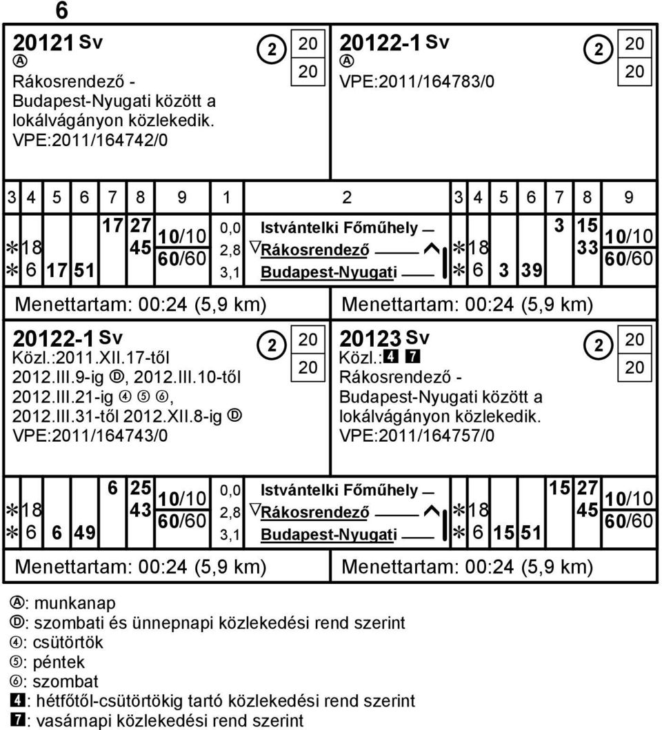 20122-1 Sv 2 20 Közl.:2011.XII.17-től 20 2012.III.9-ig Ņ, 2012.III.10-től 2012.III.21-ig ¹, 2012.III.31-től 2012.XII.8-ig Ņ VPE:2011/164743/0 6 3 39 Menettartam: 00:24 (5,9 km) 10/10 20123 Sv 2 20 Közl.