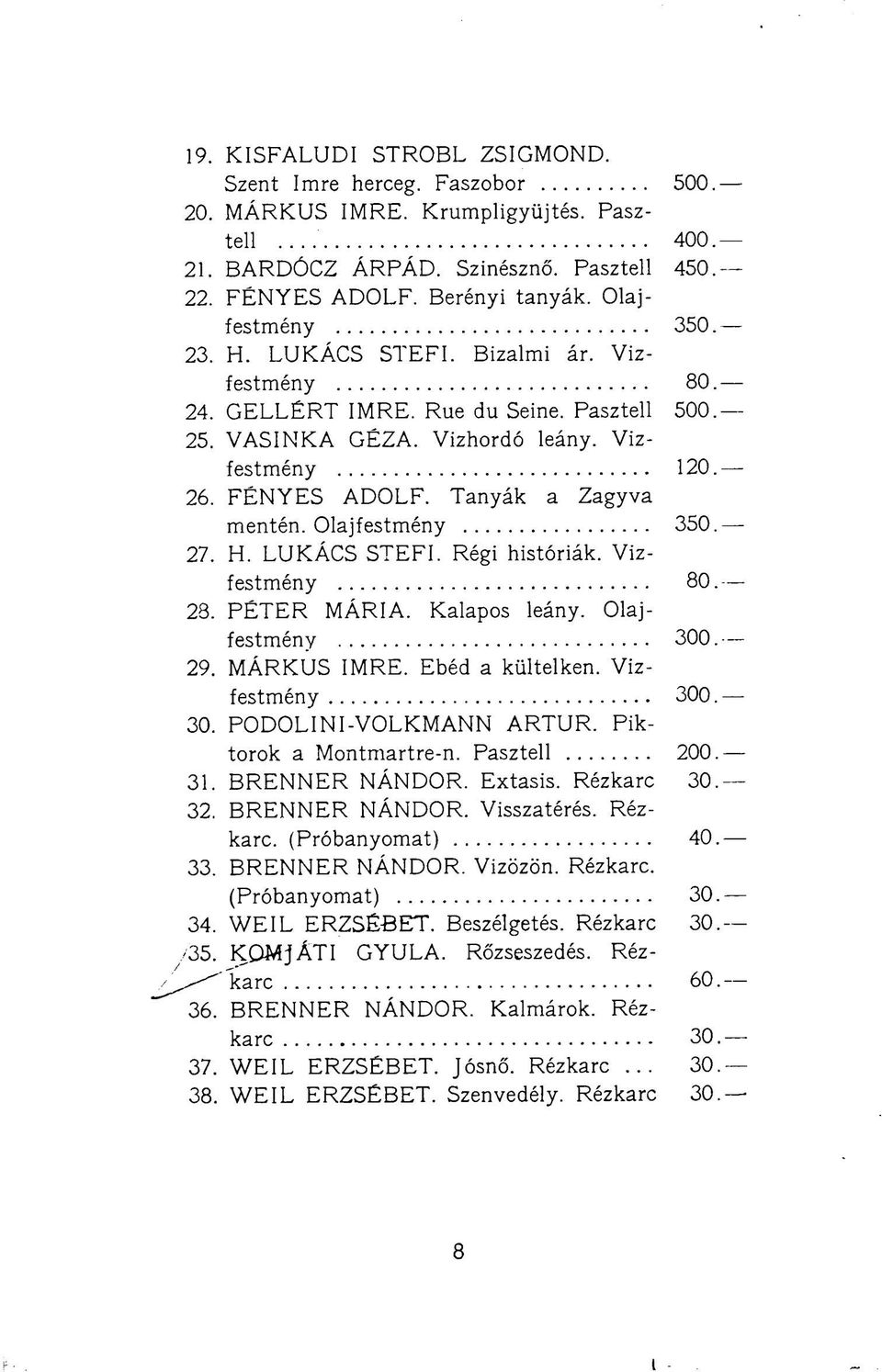 Tanyák a Zagyva mentén. Olajfestmény 350. 27. H. LUKÁCS STEFI. Régi históriák. Vizfestmény 80. 28. PÉTER MÁRIA. Kalapos leány. Olajfestmény 300. 29. MÁRKUS IMRE. Ebéd a kültelken. Vízfestmény 300. 30. PODOLINI-VOLKMANN ARTÚR.