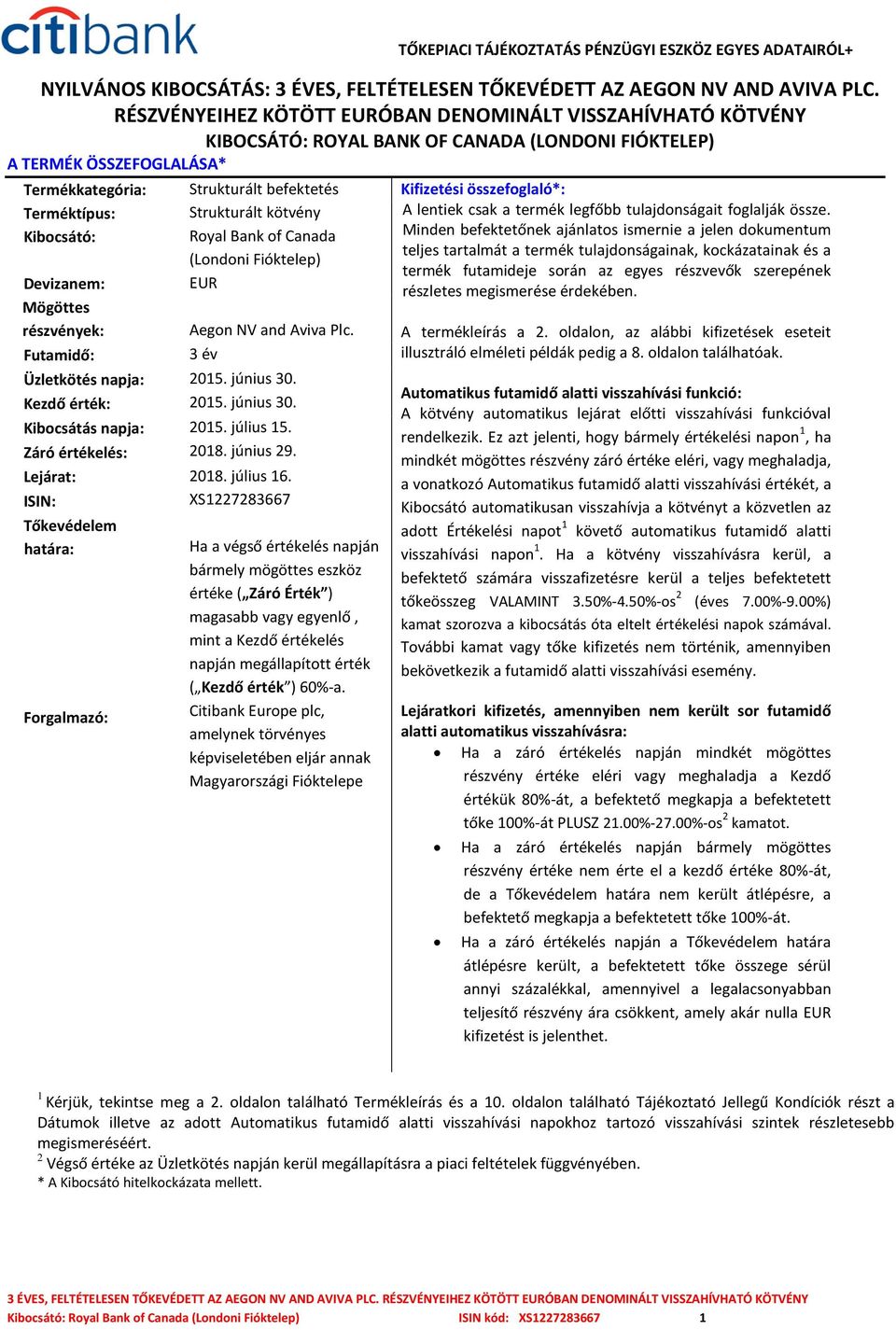 összefoglaló*: Terméktípus: Strukturált kötvény Kibocsátó: Royal Bank of Canada (Londoni Fióktelep) Devizanem: Mögöttes részvények: Futamidő: Üzletkötés napja: Kezdő érték: Kibocsátás napja: Záró