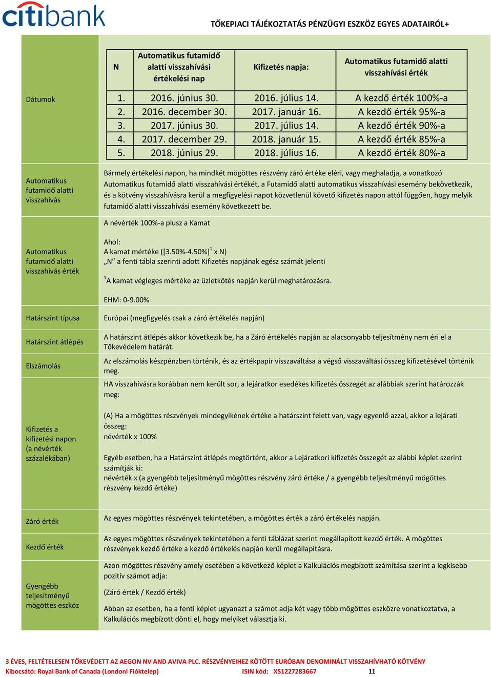 A kezdő érték 80%-a Bármely értékelési napon, ha mindkét mögöttes részvény záró értéke eléri, vagy meghaladja, a vonatkozó értékét, a Futamidő alatti automatikus esemény bekövetkezik, és a kötvény