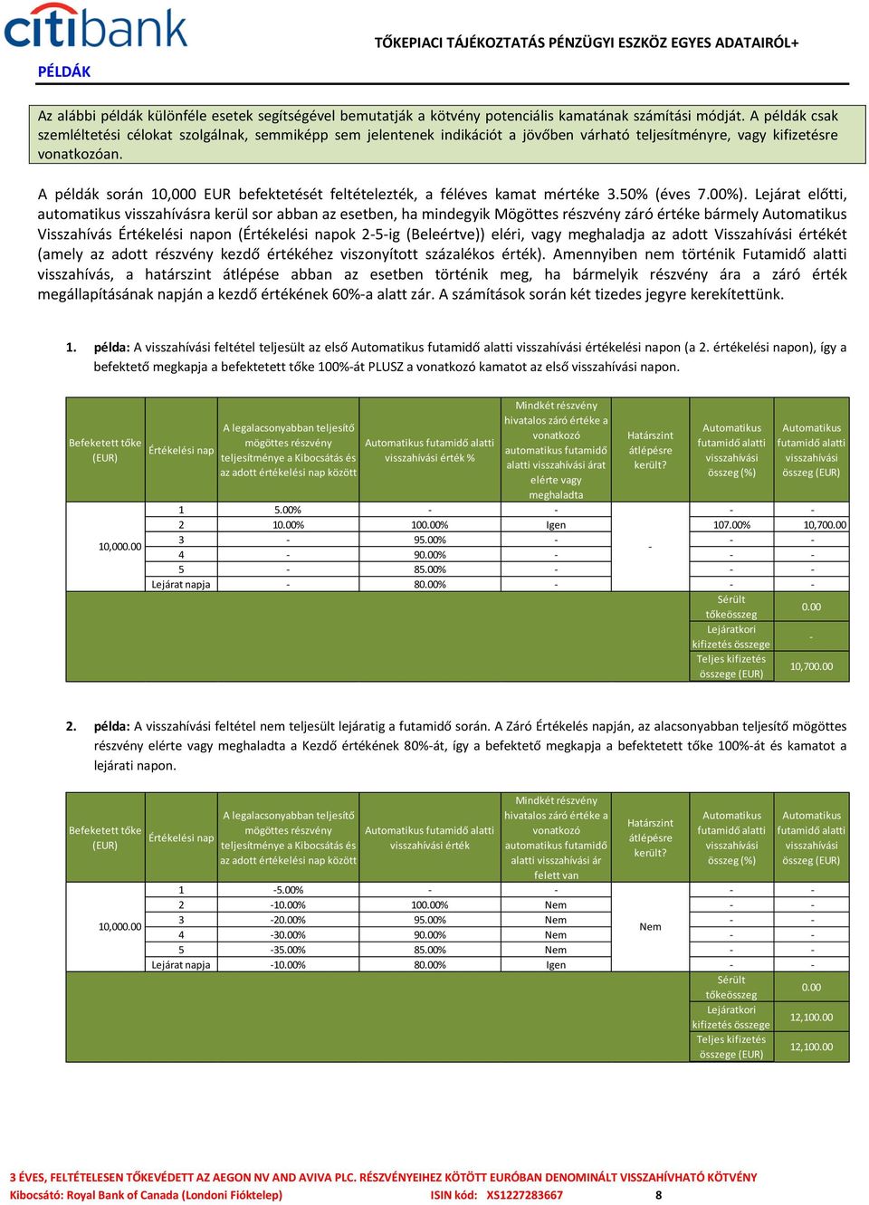 A példák során 10,000 EUR befektetését feltételezték, a féléves kamat mértéke 3.50% (éves 7.00%).