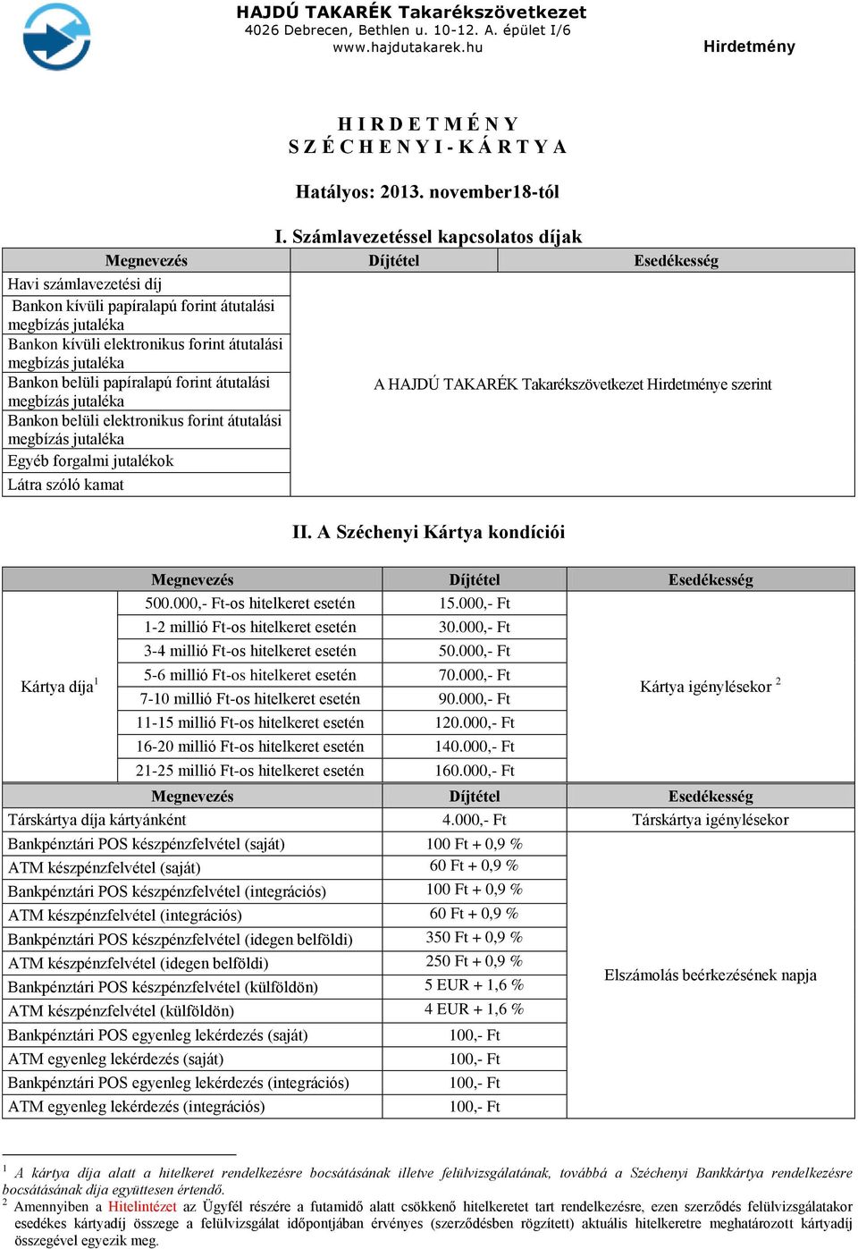 átutalási Bankon belüli elektronikus forint átutalási Egyéb forgalmi jutalékok Látra szóló kamat A HAJDÚ TAKARÉK Takarékszövetkezet e szerint II.