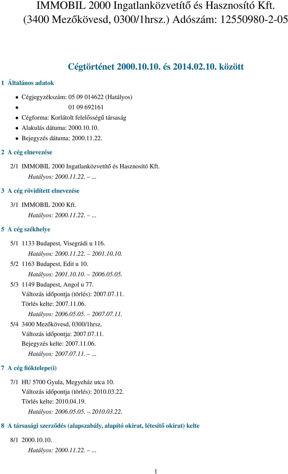 Hatályos: 2000.11.22.... 3 A cég rövidített elnevezése 3/1 IMMOBIL 2000 Kft. Hatályos: 2000.11.22.... 5 A cég székhelye 5/1 1133 Budapest, Visegrádi u 116. Hatályos: 2000.11.22. 2001.10.