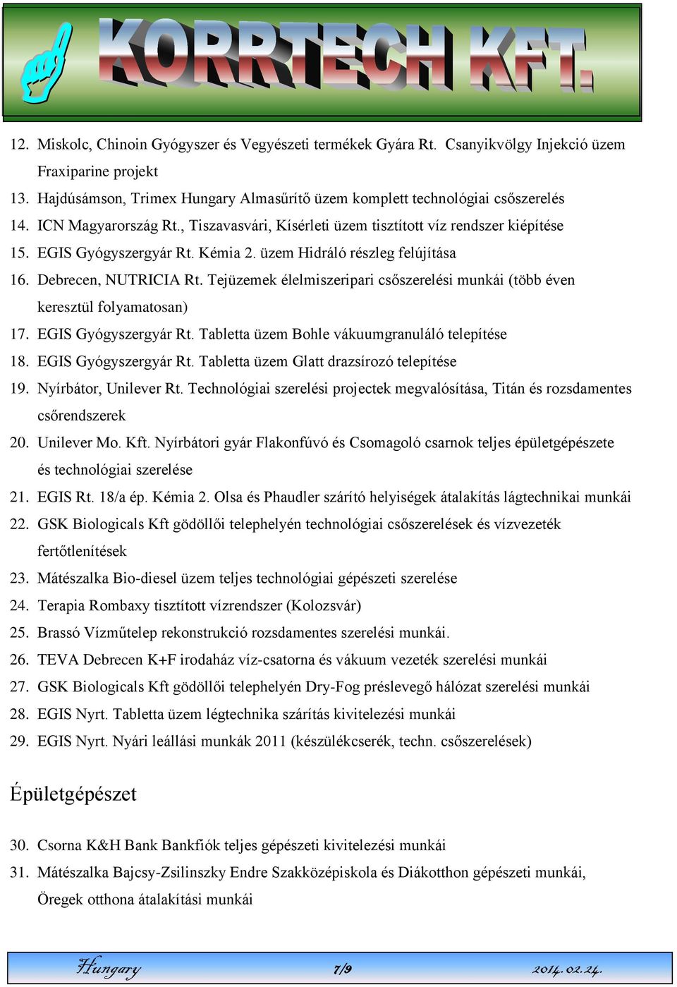 Tejüzemek élelmiszeripari csőszerelési munkái (több éven keresztül folyamatosan) 17. EGIS Gyógyszergyár Rt. Tabletta üzem Bohle vákuumgranuláló telepítése 18. EGIS Gyógyszergyár Rt. Tabletta üzem Glatt drazsírozó telepítése 19.